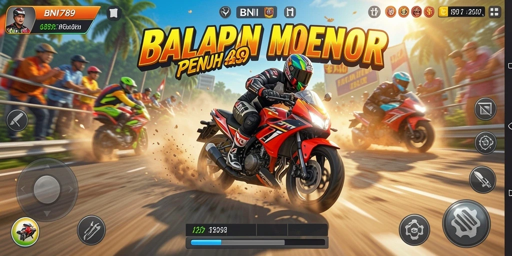 Tampilan balapan seru dalam BNI789 dengan sepeda motor yang cepat.