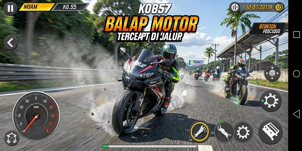 Tampilan gameplay menegangkan di KO857 saat balapan motor.