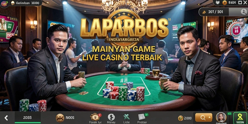 Screenshot gameplay LAPARBOS menampilkan dealer live dan suasana kasino yang nyata.