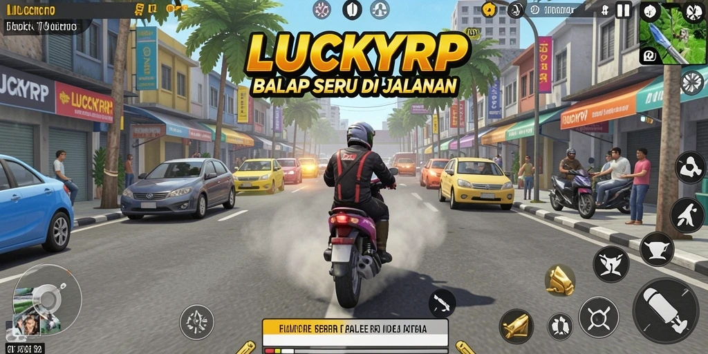 Tampilan utama gameplay LUCKYRP dengan mobil balap yang melaju cepat.