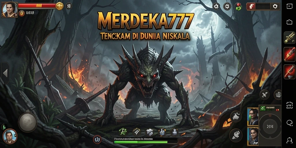 Tampilan gameplay menakutkan dari MERDEKA777 dengan suasana kegelapan.