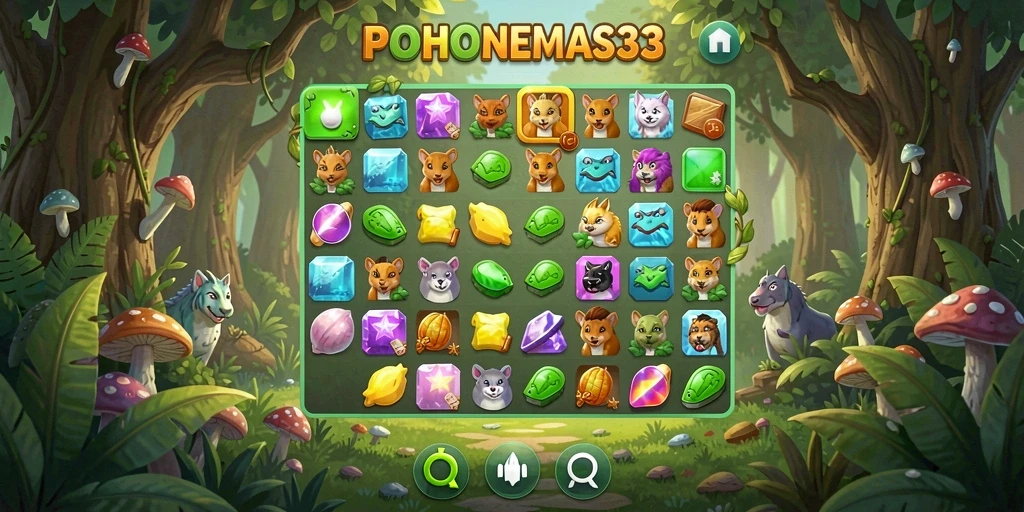 Tampilan gameplay seru di POHONEMAS33 dengan aksi match-3 yang mengasyikkan.