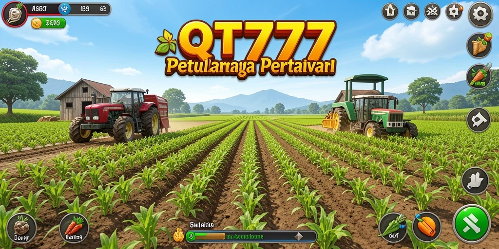Tangkapan layar gameplay QT777 menunjukkan kebun yang indah dan hewan ternak aktif.