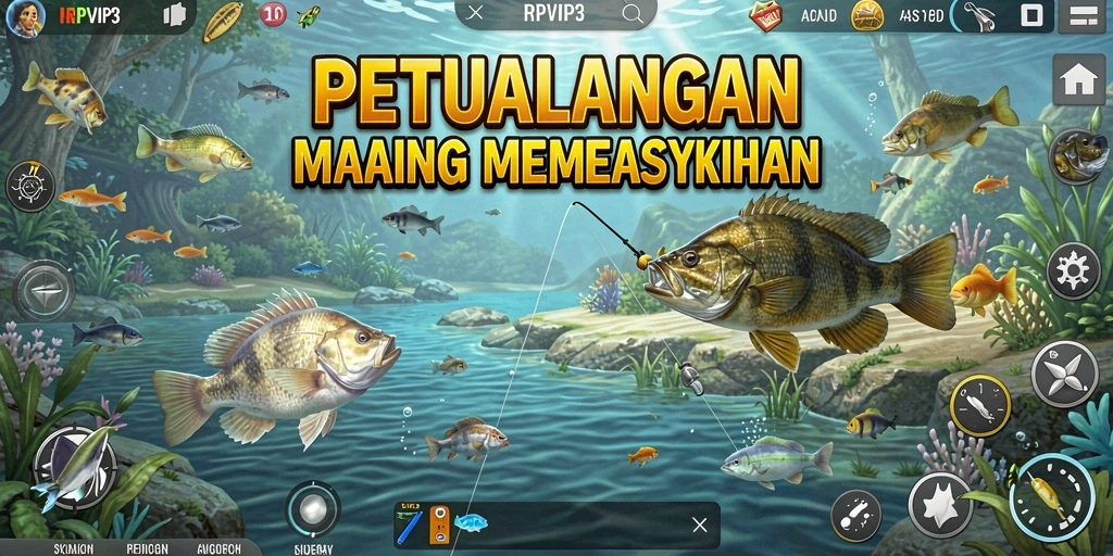 Screenshot gameplay RPVIP3 menampilkan aksi memancing yang seru dan menegangkan.