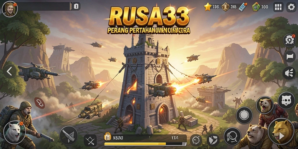 Tampilan gameplay RUSA33 menunjukkan menara pertahanan dan gelombang musuh.