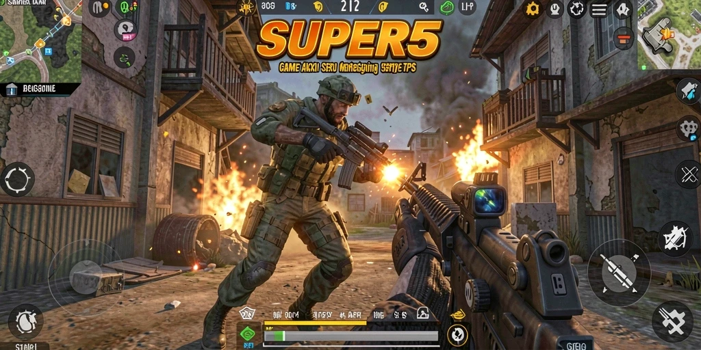 Screenshot dari gameplay SUPER5 yang menampilkan aksi tembak-menembak seru.