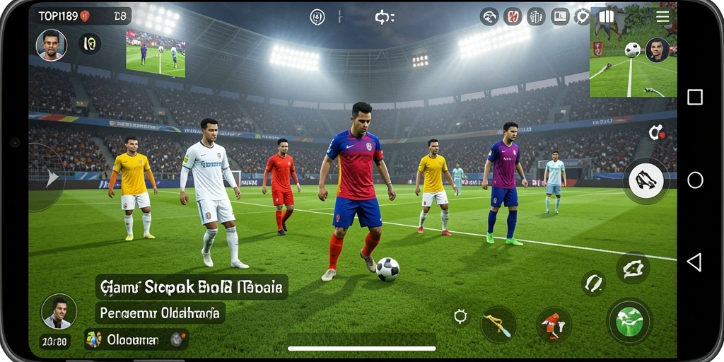 Screenshot utama menunjukkan serunya gameplay sepak bola yang mendebarkan.